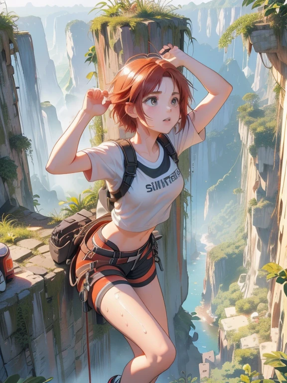 (8k, highest quality, Tabletop:1.2)、Ultra-high resolution, Detailed face, (See her from above), -yeld gi Red eyes, Red hair, short hair, (((Free Solo Climbing))), ((Hands on the cliff)), ((Lift your head)), ((Sweat)), ((sneakers)), (Crop top), (Shorts), holster, fog, null, Dense forest, canyon, high null