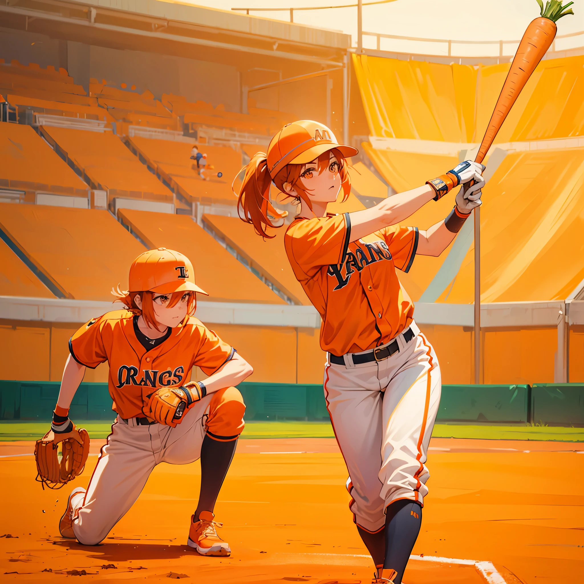 Top quality, masterpiece, 8K, orange baseball field, woman standing in batter's box, swinging with large orange carrot, wearing orange helmet, orange eyes, catcher with orange mask behind woman sitting r holding orange glove