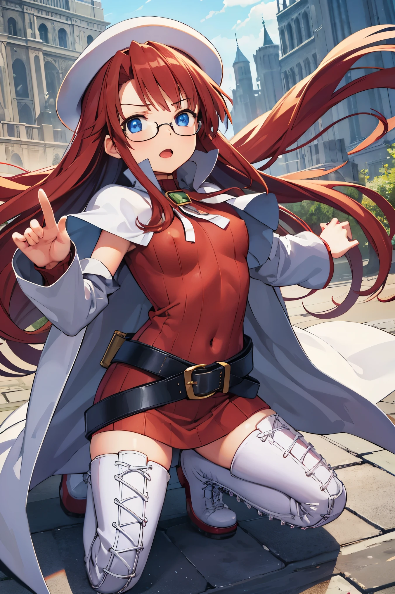 summonnightaty, aty, (young:1.3),long hair, blue eyes, red hair, large_beret, hat, glasses,
BREAK long hair, thighhighs, hat, dress, boots, glasses, belt, cape, sweater, zettai ryouiki, beret, thigh boots, white footwear, ribbed sweater, loose belt,solo,
BREAK outdoors, fantasy,on_cobblestone
,,Highquality_hads,perfect_fingers,
BREAK (masterpiece:1.2), best quality, high resolution, unity 8k wallpaper, (illustration:0.8), (beautiful detailed eyes:1.6), extremely detailed face, perfect lighting, extremely detailed CG, (perfect hands, perfect anatomy),covered_nipples,covered_navel ,half_eyes:,long_sword,armpit,sleepy,dynamic_fighting_pose,barrel,red_sweater,apart_legs,magical_effect,spread_legs, have_a_book,rise_knee,angry,open_mouth,rise_hand,shout,