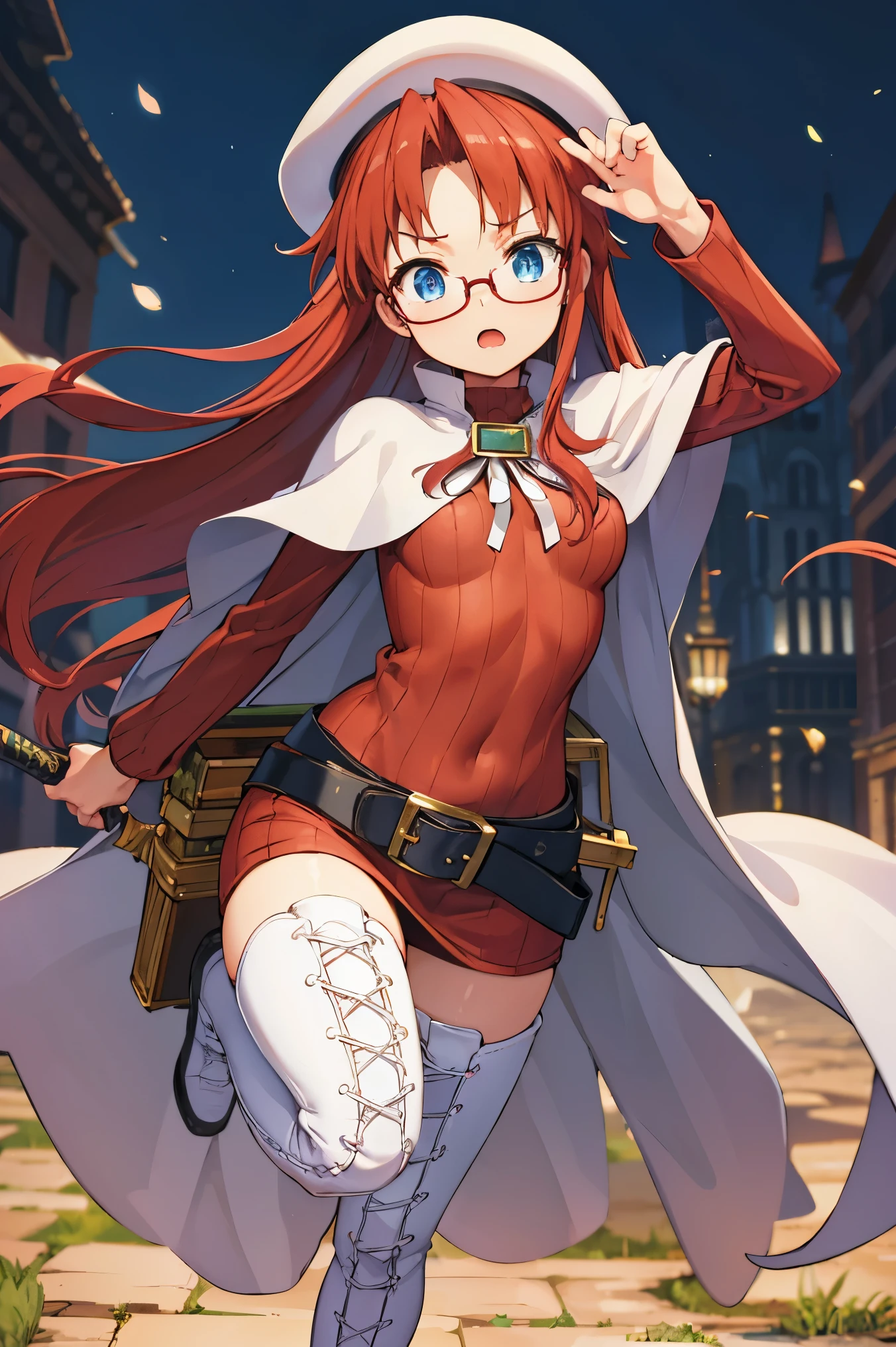 summonnightaty, aty, (young:1.3),long hair, blue eyes, red hair, large_beret, hat, glasses,
BREAK long hair, thighhighs, hat, dress, boots, glasses, belt, cape, sweater, zettai ryouiki, beret, thigh boots, white footwear, ribbed sweater, loose belt,solo,
BREAK outdoors, fantasy,on_cobblestone
,,Highquality_hads,perfect_fingers,
BREAK (masterpiece:1.2), best quality, high resolution, unity 8k wallpaper, (illustration:0.8), (beautiful detailed eyes:1.6), extremely detailed face, perfect lighting, extremely detailed CG, (perfect hands, perfect anatomy),covered_nipples,covered_navel ,half_eyes:,long_sword,armpit,sleepy,dynamic_fighting_pose,barrel,red_sweater,apart_legs,magical_effect,spread_legs, have_a_book,rise_knee,angry,open_mouth,rise_hand,shout,