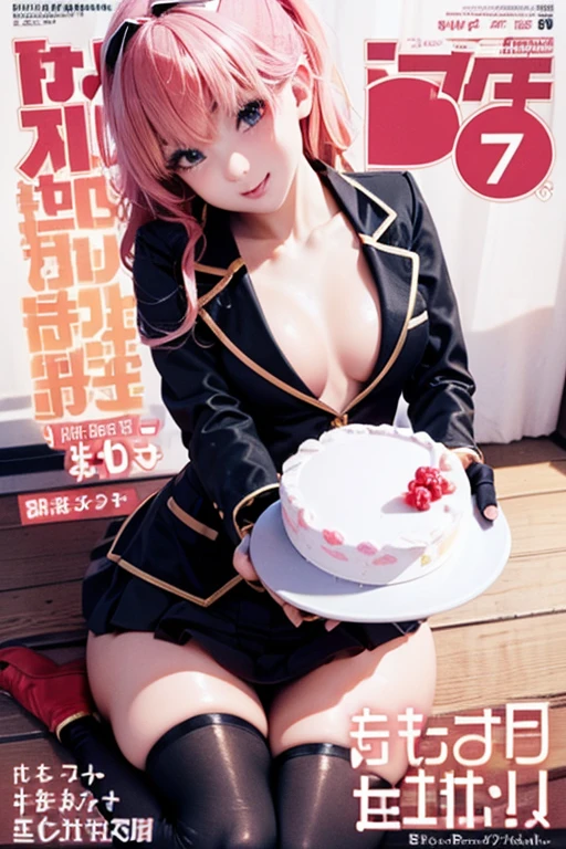 1 girl, small nose, very beautiful detailed face and eyes, bright colors, cute face, delicate beautiful face, Bright magenta eyes, cute eyes, sparkling eyes, Big eyes, (small breasts:1.3), (perky chest:1.1), (pointed chest:1.0), (cake magazine cover:1.3)，highest quality, WorKs of masters, High resolution, Blonde color hair，shiny hair, side ponytail,hair between eyes,bangs, (black jacket, real clothes, cleavage, black skirts, black thighhighs, thigh strap, fingerless gloves, single glove:1.2) , spread legs, panties shot, medium hips, glamorous body, white skin, smile, thin pubric hair, super beautiful face, Super beautiful eyes, Super beautiful hair，trendy outfit，sexy and attractive,full body esbian, Real World, Natural light,perfect Natural light,(with sparkling eyes and a contagious smile), This masterpiece is not only visually stunning but also tells, make of cake cooking , in the kitchen, open mouth, looking at viewer, 