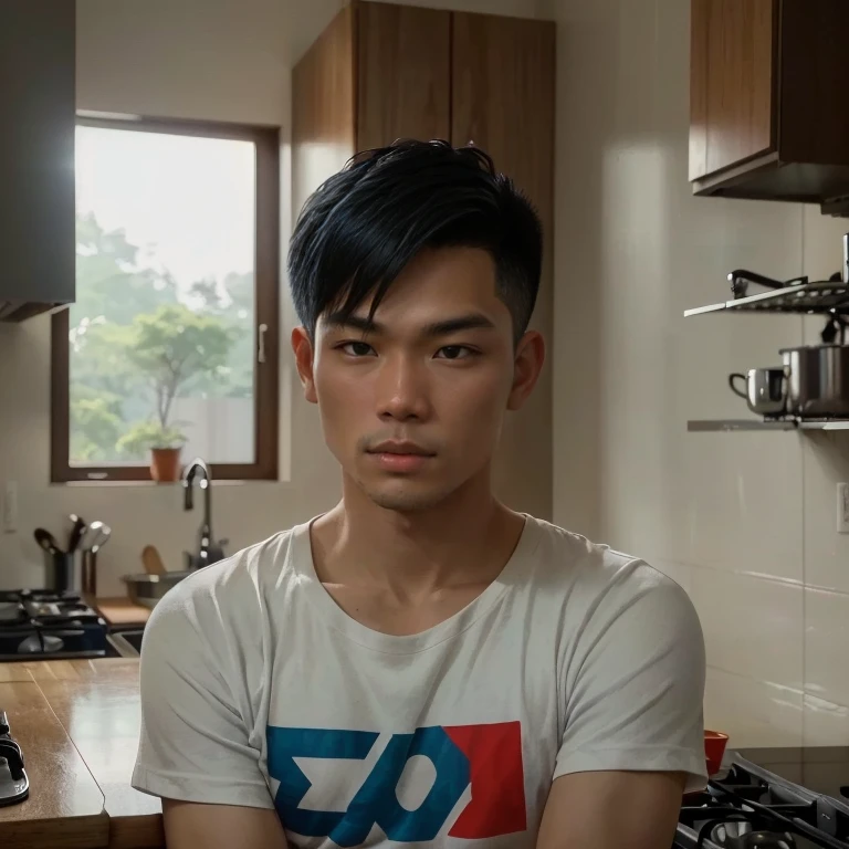 There was a young man standing in the kitchen with a stove., Inspired by Adam Dario Kiel, Portrait in the middle of a shot, Ramil Sunga, Rick Dai, Screenshot from the movie, Damian Tran, shot with canon eoa 6 d mark ii, Shot with canon 5d mk4, John Jude Palencar, Inspired by Jorge Jacinto