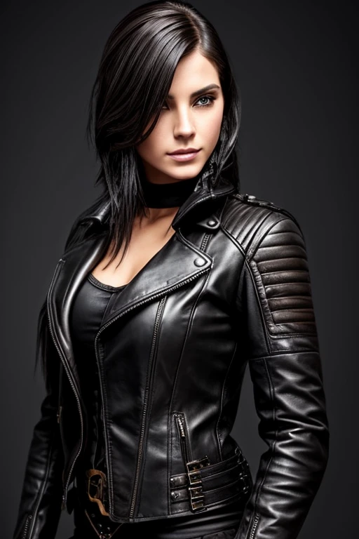 Gorgeous european steampunk woman with short straight shoulder length hair, wet combed back hair, black hair, hair not covering face, in a leather jacket with nothing underneath, solid black background