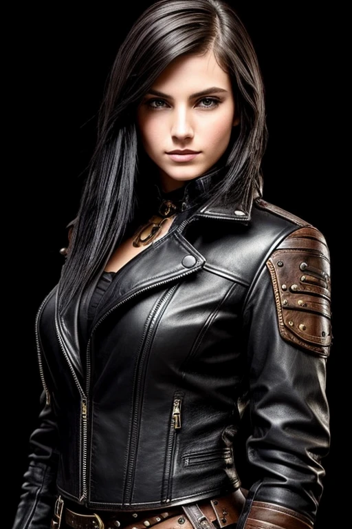 Gorgeous european steampunk woman with short straight shoulder length hair, wet combed back hair, black hair, hair not covering face, in a leather jacket with nothing underneath, solid black background