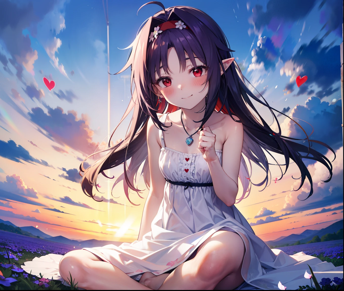 yuukikonno, Konno Yuuki, hair band, Long Hair, Pointed Ears, Purple Hair, (Red eyes:1.5), (Small breasts:1.2), Squint both eyes,blush,happy smile, smile, Close your mouth,White sleeveless dress,Bare arms,Heart Pendant,Long skirt,Barefoot flower crown,whole bodyがイラストに入るように,Sitting,Looking up from below,
break looking at viewer, whole body,
break outdoors, nature,Flower Field,Large Lake,
break (masterpiece:1.2), highest quality, High resolution, unity 8k wallpaper, (figure:0.8), (Beautiful fine details:1.6), Highly detailed face, Perfect lighting, Highly detailed CG, (Perfect hands, Perfect Anatomy),
