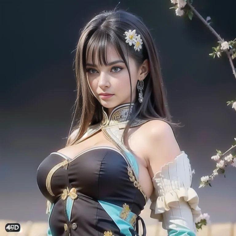 The most beautiful girl face in the world, black hairs, green eyes, gorgeous babe, 18 years old european, Ultra realistic , photo realistic nikon, 4k uhd, very actractive, nobel photography, masterpiece, very very large breasts, black dress, push up bra breasts, blue top, jacket, some little flowers on hairs,  near shot, (((european girl face)))