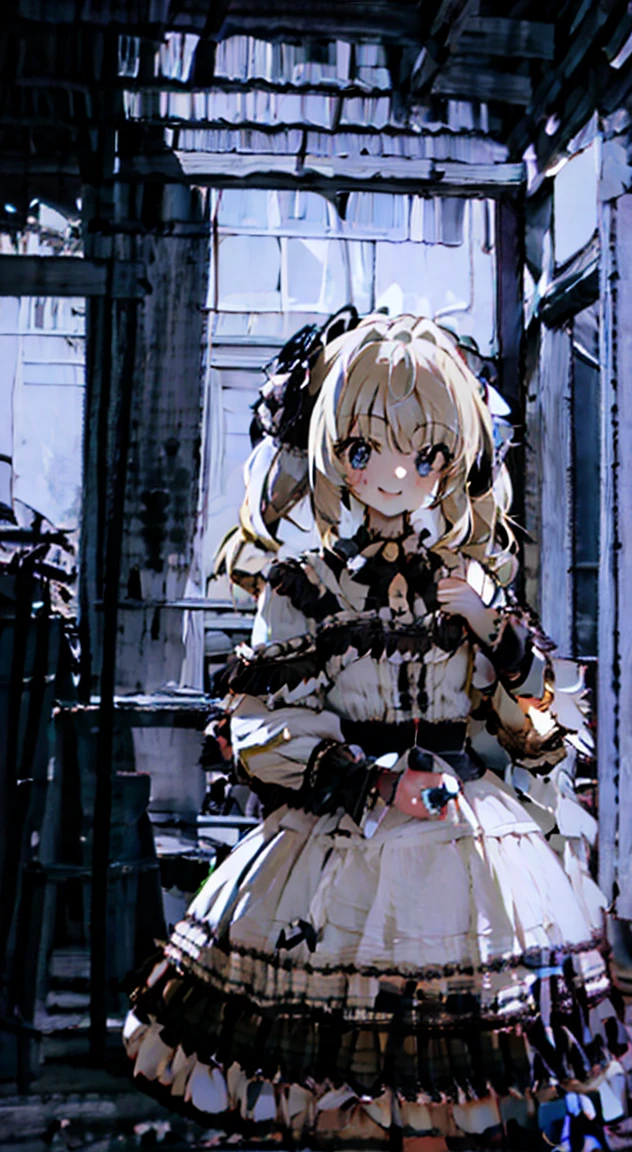 masterpiece, highest quality, (anime screencap:1.3),(shape), cute,(simple:1), (anime:1.2),Solo Sharp Focus, 1 girl, cleavage,looking at the viewer, Japan,nighttime,gold hair,((mini skirt)),Are standing, twin tails,summer ,((Black Gothic Costume)),red ribbon,dark gothic,abandoned house,****ta fashion,hair ribbon,cowboy shot,in the nighttime,Fullmoon,