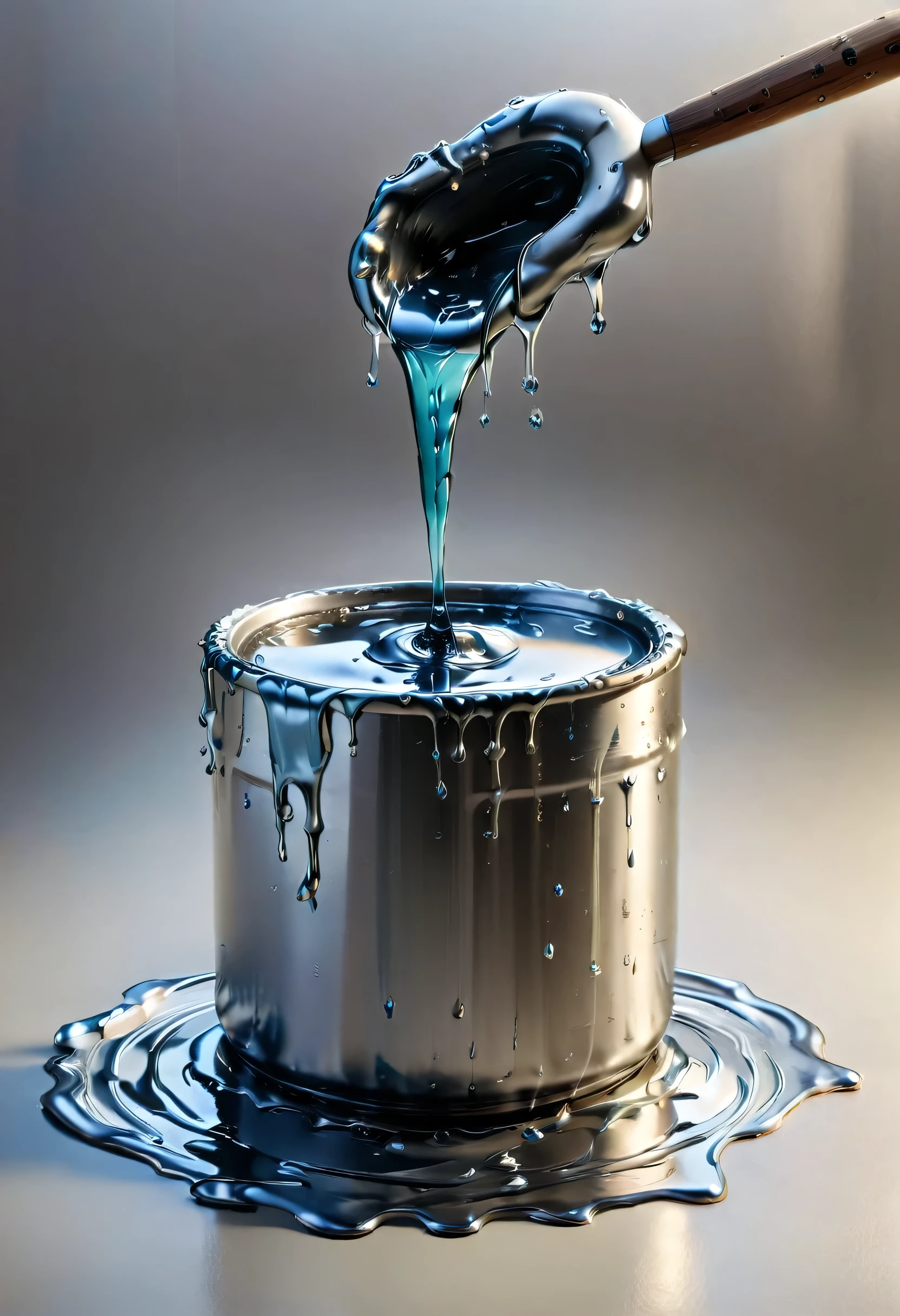 Stirring a container of liquid metal with a stick, stickiness, gloss, liquid metal dripping from the stick