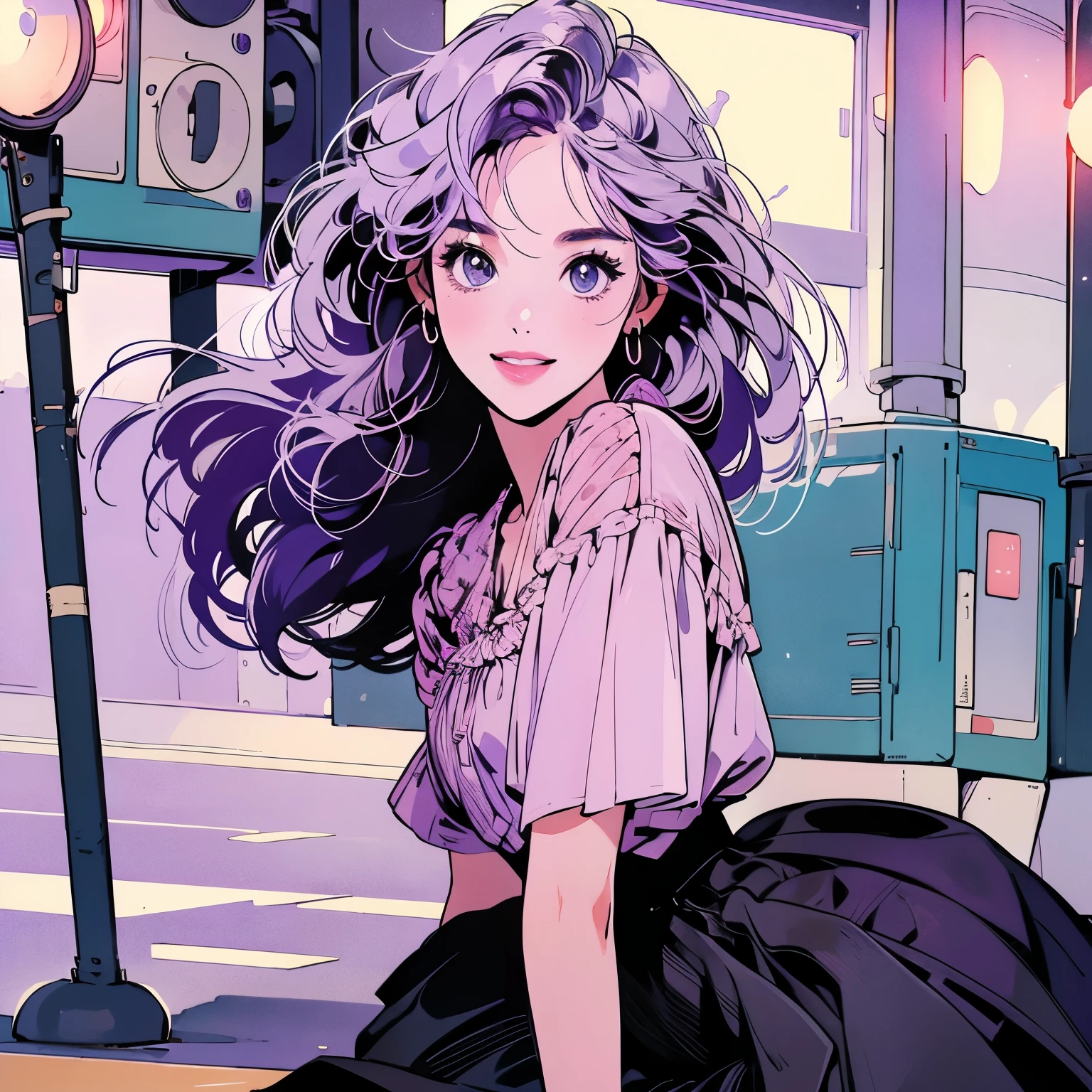 whole body、Kind Face、1 pretty woman、4k、blouse、skirt、pedestrian crossing、Signal 、intersection、Complex background、Detailed Hair、smile、Light purple hair、Faint lighting