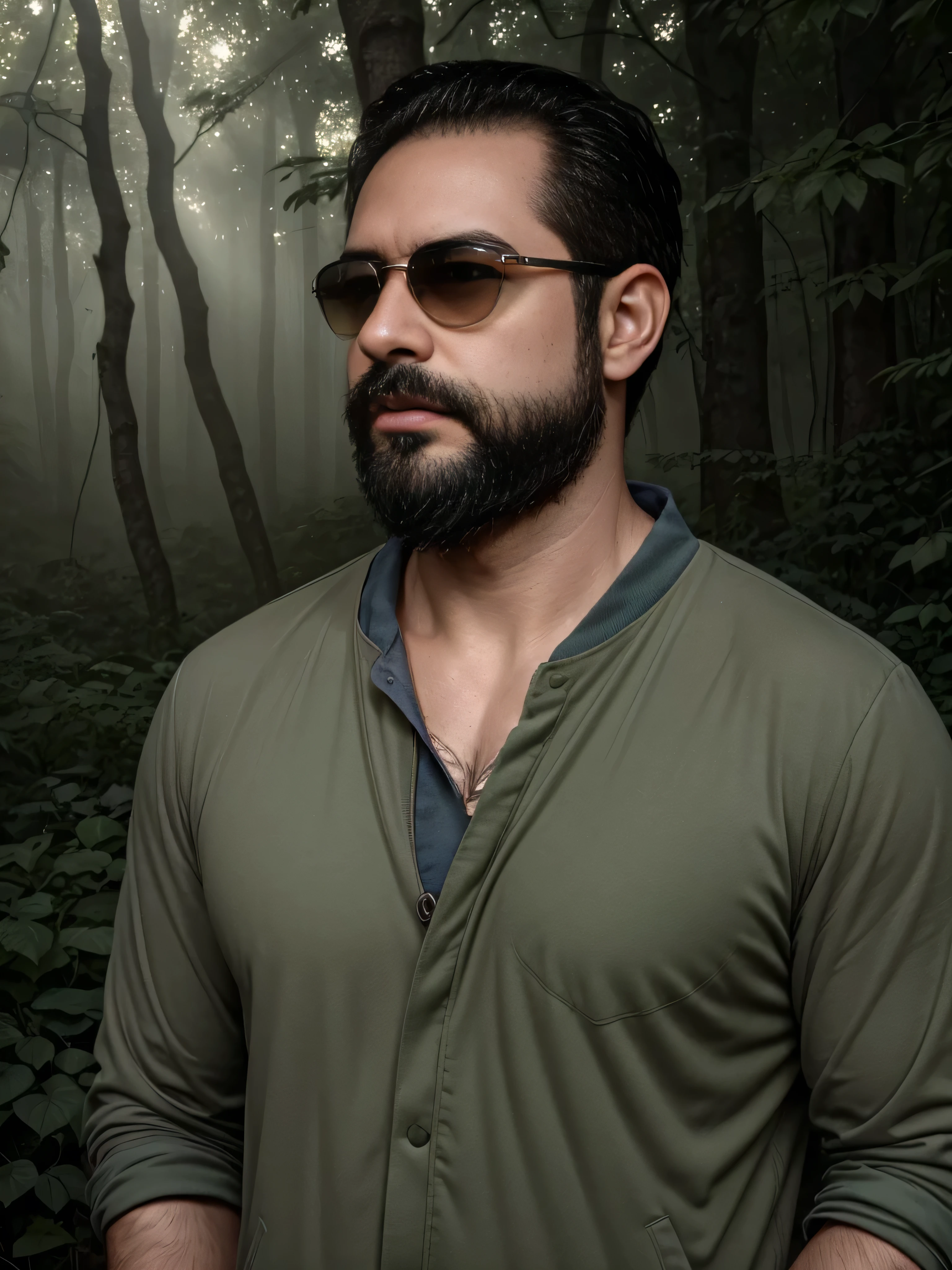 Create an ultra-detailed digital art image featuring a very masculine 38-year-old man with a beard and wearing dark sunglasses. He is shown in a medium shot, displaying the upper part of his body. The setting is a serene and mystical forest at dawn, with soft sunlight filtering through the trees. He wears a rugged, dark green jacket over a fitted shirt, blending with the natural surroundings. The forest is filled with lush greenery, dappled light, and an ethereal mist that adds a touch of magic to the scene. His expression is calm and contemplative, perfectly fitting the tranquil environment. The image should be rich in detail, capturing the texture of his clothing, the reflection in his sunglasses, and the serene beauty of the forest.
