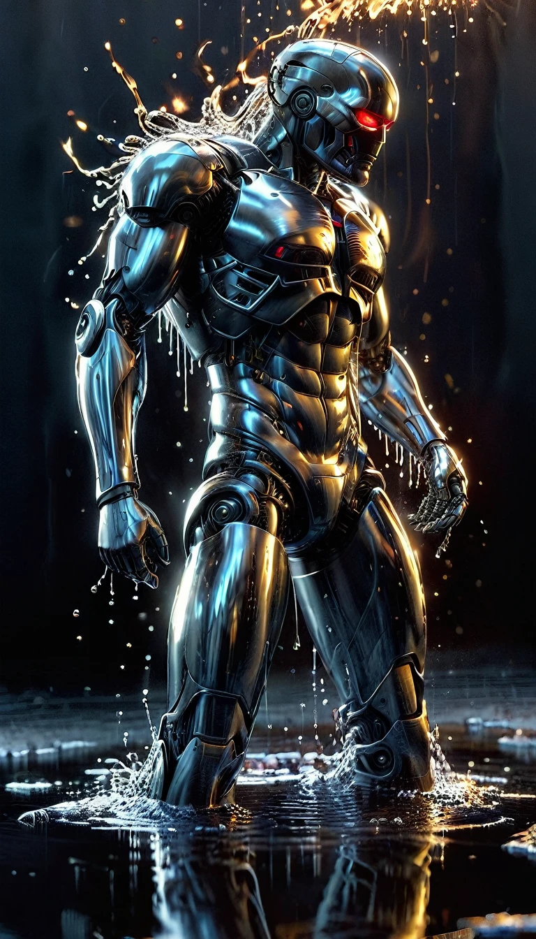 metal brillante, a metal liquid container spilling out and forming a body, Terminator, t1000 character,  character forming from a puddle of liquid metal, artistic image, masterpiece, HD, 8k, cinematic lighting, highly detailed, photorealistic, dramatic shadows, intricate details, moody atmosphere, dynamic composition, liquid metal, gleaming metal, molten flow, liquid metal body, striking contrasts, surreal and dreamlike, hyper-realistic, complex color palette, 