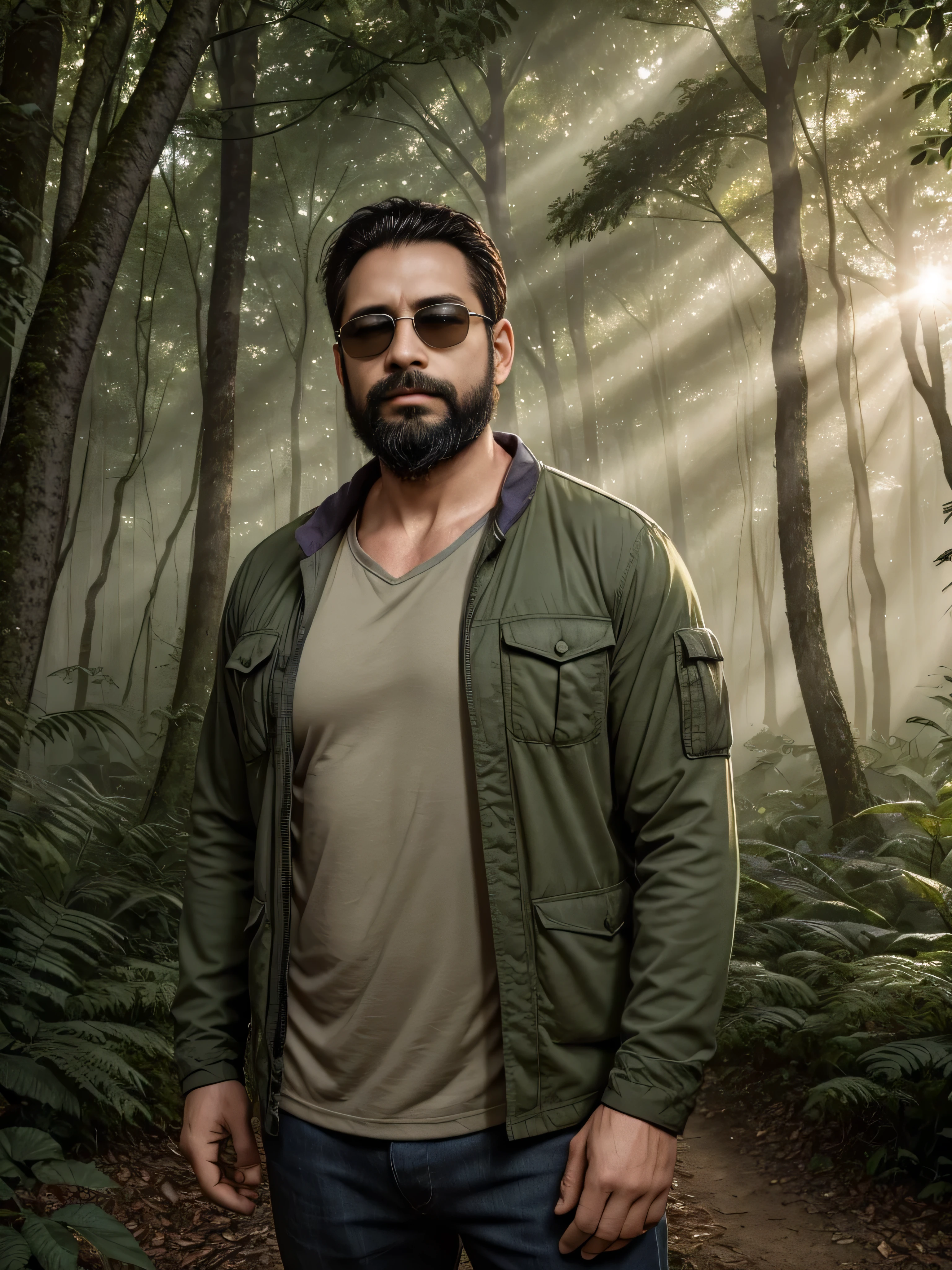 Create an ultra-detailed digital art image featuring a very masculine 38-year-old man with a beard and wearing dark sunglasses. He is shown in a medium shot, displaying the upper part of his body. The setting is a serene and mystical forest at dawn, with soft sunlight filtering through the trees. He wears a rugged, dark green jacket over a fitted shirt, blending with the natural surroundings. The forest is filled with lush greenery, dappled light, and an ethereal mist that adds a touch of magic to the scene. His expression is calm and contemplative, perfectly fitting the tranquil environment. The image should be rich in detail, capturing the texture of his clothing, the reflection in his sunglasses, and the serene beauty of the forest.