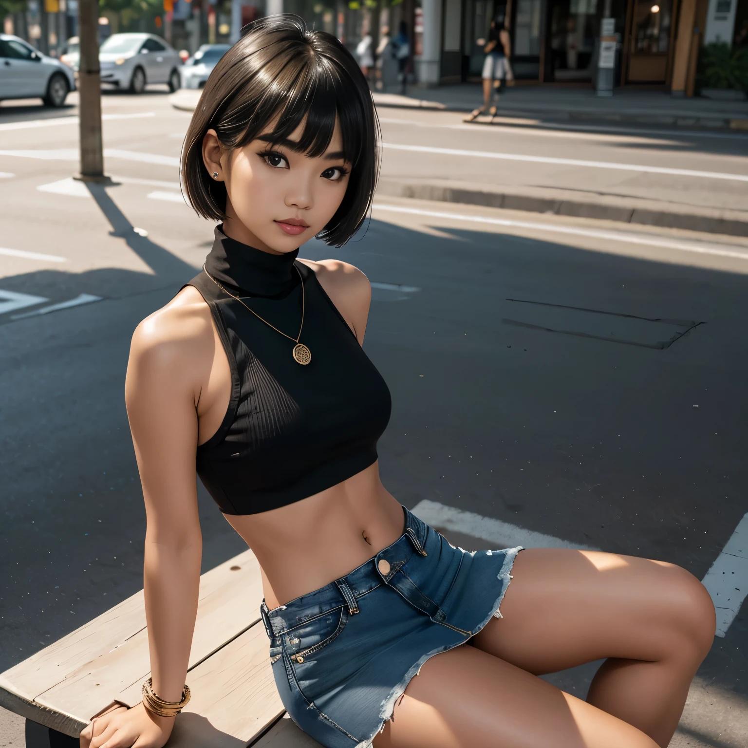 (1 Thai girl),
, short blond hair with bangs, (turtleneck sleeveless black crop top:1.2),(cropped denim miniskirt), (necklace ,bracelet), sitting on a bench in a street