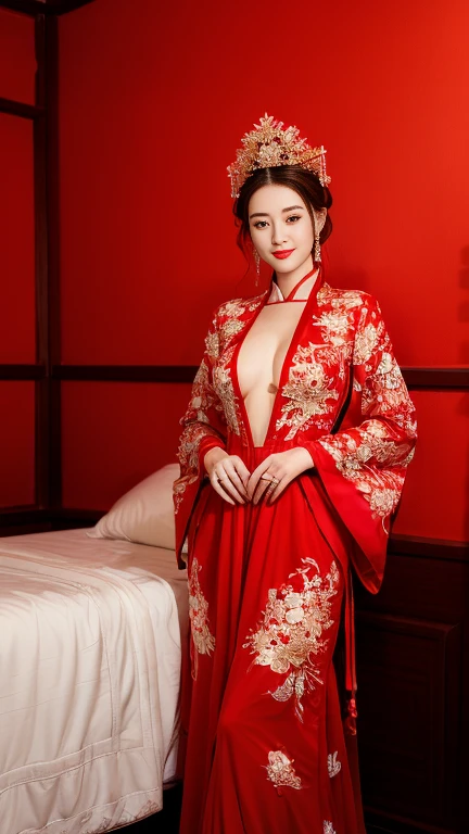 (Hyper-realistic 8K CG: 1.2), Perfect work of art, Exquisite patterns, Intricate details, (An unrivalled masterpiece, best quality: 1.2), (Extremely complex: 1.2), woman in red and gold dress, ((dark brown hair, Big tits:1.2 )), (Low-cut，Deep V),Phoenix Coronet, hair stick, (Red bed: 1.3), cosmetic, blush, Shy, (Smile),Black_hair, Looking at the audience, cosmetics, (Lace，silk), (chiffon:1.5),Show her breasts， (Open chest:1.5),，Chinese_clothing, ((Red loose comfortable clothing:1.4)),(Large Breasts),D cup ，curtain, earrings, hair_decorate,Hanfu, Internal, Jewelry, Red nails, long_sleeve, （在Red bed上，Red pillow:1.6） ，（minuscule underwear:1.5），Red Dress, red lips, tassel, (Red pillow,Red quilt), (Red Hi Word: 1.2), (ancient Chinese architecture),, night,（Chinese婚礼），（Showing chest:1.3）（Marriage room），中式Marriage room，（Phoenix Coronet霞帔:1.5）,（bridal chamber），(joyful eyes:1.5),