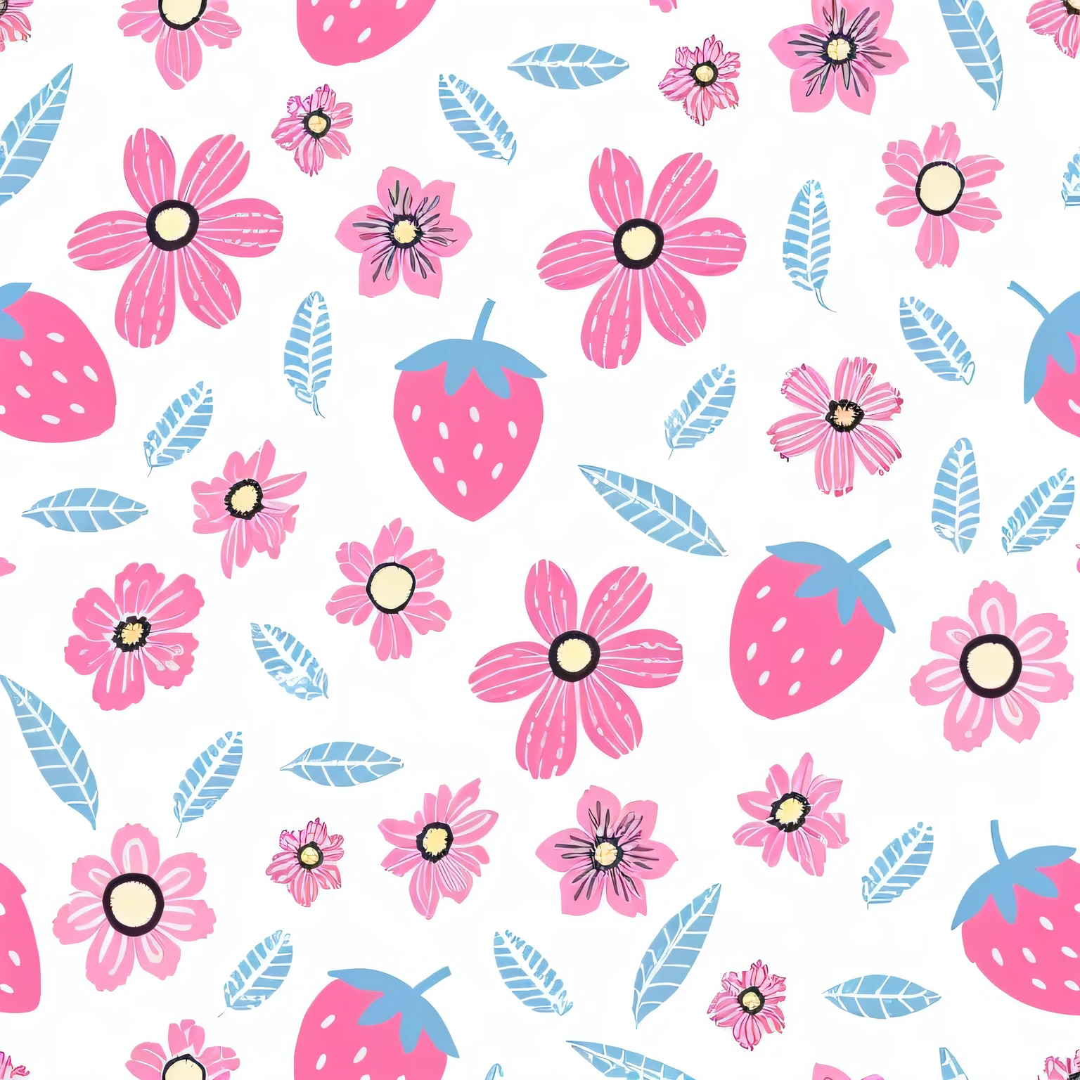a close up of a repeat small pattern of pink and blue flowers and leaves (flower and leaves size 1 inch), small floral repeat pattern, strawberry embellishment, seamless pattern design for fabric, floral motives, flowery, made with illustrator, very small strawberry, fruit and flowers, flower background, made in adobe illustrator, flower, floral patterned skin, garden flowers pattern, flowery wallpaper, fantasy flowers and leaves, summer color pattern