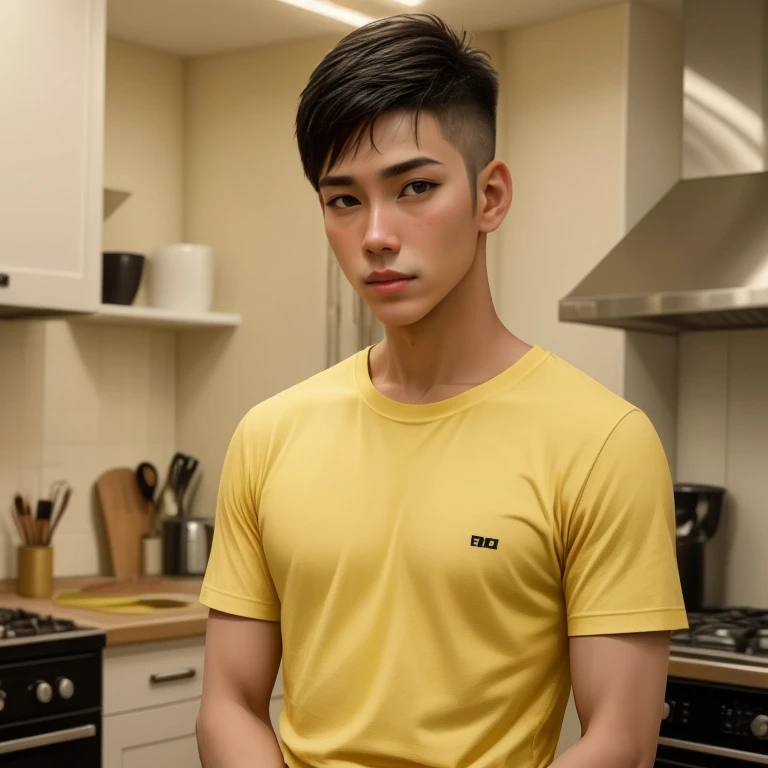 The man wearing a yellow shirt stood in the kitchen., Wear a fashionable yellow t-shirt., Inspired by Adam Dario Kiel, Wearing a yellow crop top, Inspired by Robbie Trevino, Handsome Chad Chin, Asian man, Tommy 1 6 years, in style of Thawan Duchanee, Thawan Duchanee, Damian Tran, Anton, Artem, have short hair