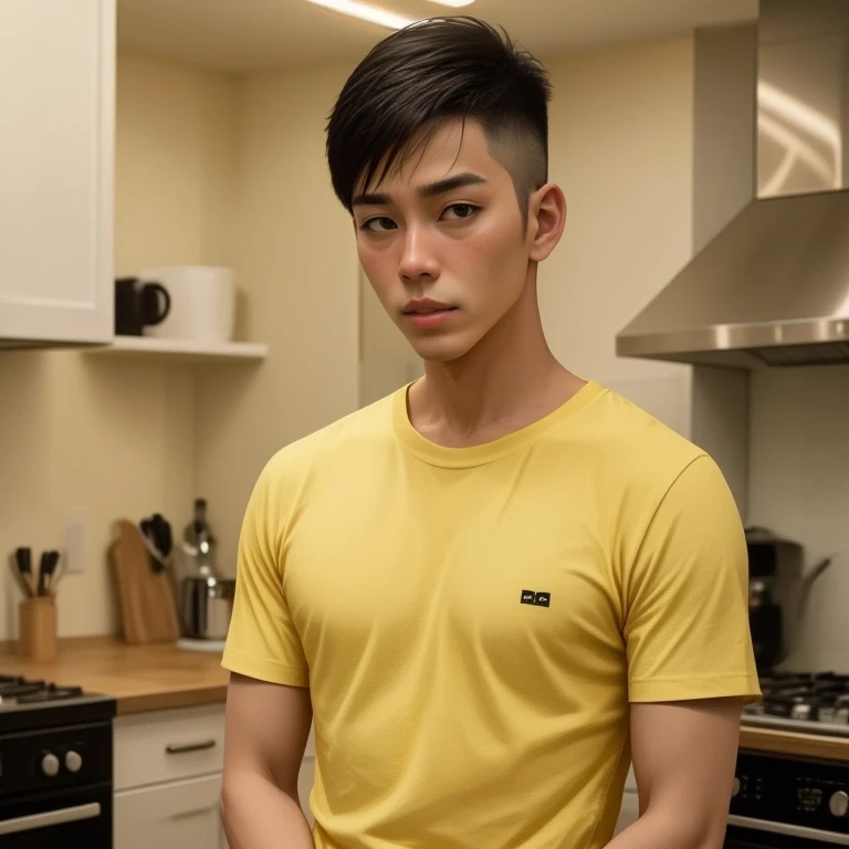 The man wearing a yellow shirt stood in the kitchen., Wear a fashionable yellow t-shirt., Inspired by Adam Dario Kiel, Wearing a yellow crop top, Inspired by Robbie Trevino, Handsome Chad Chin, Asian man, Tommy 1 s, in style of Thawan Duchanee, Thawan Duchanee, Damian Tran, Anton, Artem, have short hair
