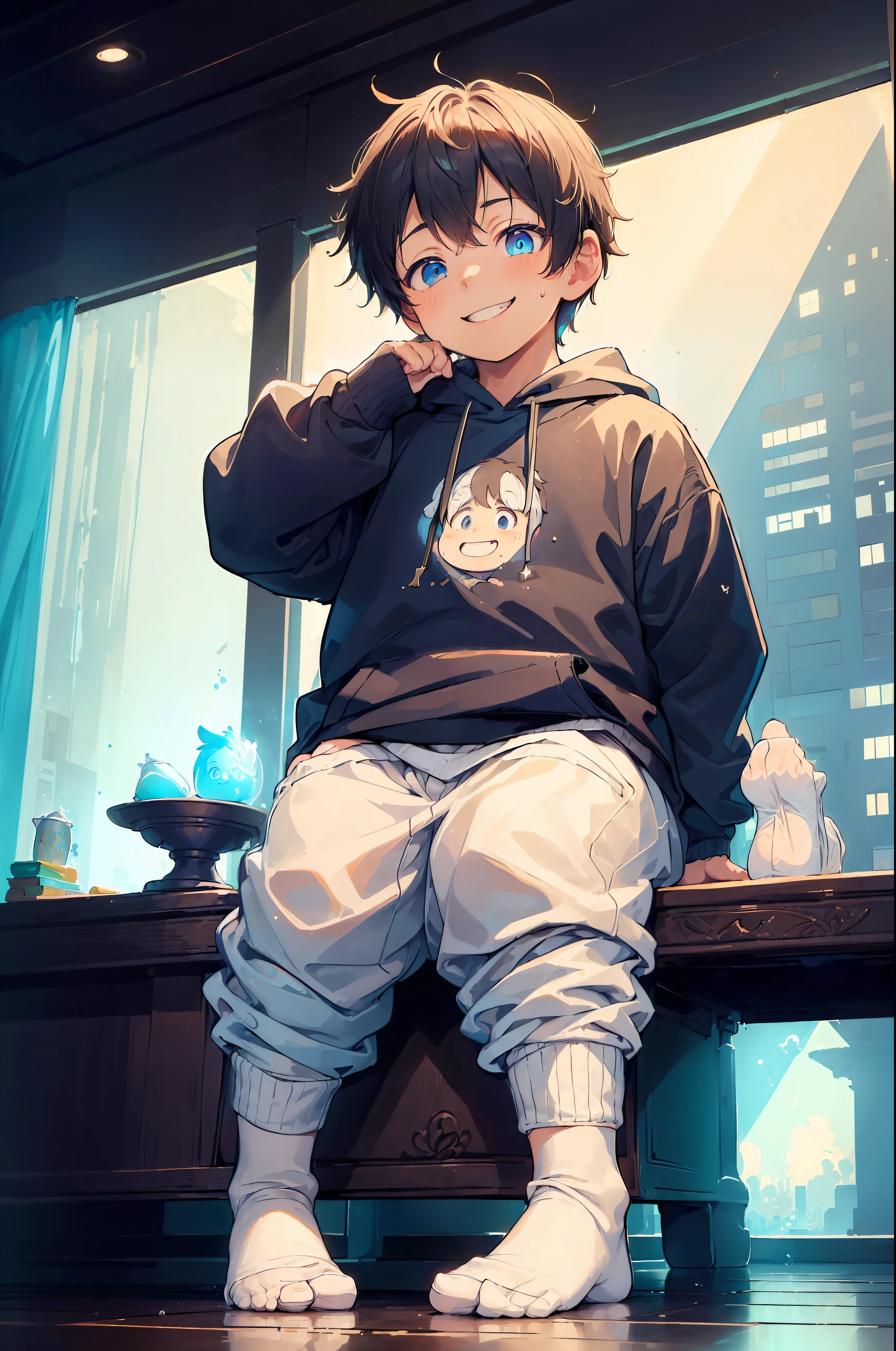 Masterpiece, chubby with dark cyan hair and shiny gold colored eyes and small socks wearing a hoodie, and oversized sweatpants sitting on a couch watching tv in a dark room and showing his soles, raining outside window, young, boy, , small, toddler, soft light, (sweatpants:1.4), (undersized socks:1.6), (Boy:1.4), (Shota:1.4), (Young:1.4), (Male:1.4), (smiling:1.4), (foot:1.6), (shy:1.4), (pastel:1.0), (colors:1.0), (cute colors:1.0), (night:1.0), (foot sole:1.5),