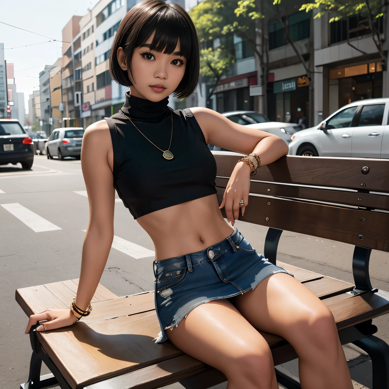 (1 Thai girl),
, short blond hair with bangs, (turtleneck sleeveless black crop top:1.2),(cropped denim miniskirt), (necklace ,bracelet), sitting on a bench in a street