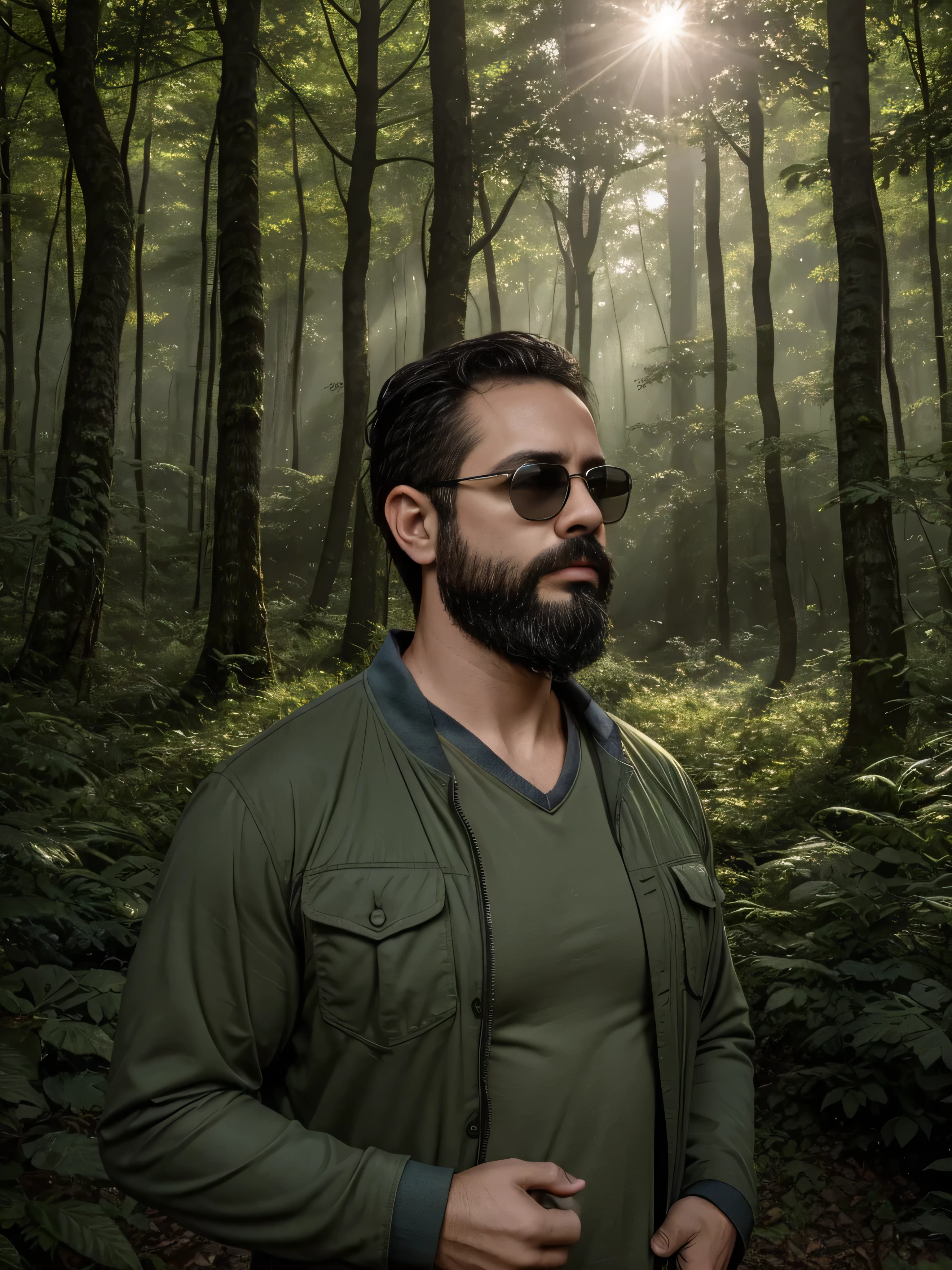 Create an ultra-detailed digital art image featuring a very masculine 38-year-old man with a beard and wearing dark sunglasses. He is shown in a medium shot, displaying the upper part of his body. The setting is a serene and mystical forest at dawn, with soft sunlight filtering through the trees. He wears a rugged, dark green jacket over a fitted shirt, blending with the natural surroundings. The forest is filled with lush greenery, dappled light, and an ethereal mist that adds a touch of magic to the scene. His expression is calm and contemplative, perfectly fitting the tranquil environment. The image should be rich in detail, capturing the texture of his clothing, the reflection in his sunglasses, and the serene beauty of the forest.