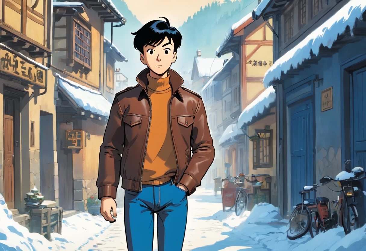 Tintin, male wearing dark brown leather jacket, black turtleneck long Sleeves shirt and navy blue denim pants, slick and neat short black hair, exploring european small village in winter, european comics