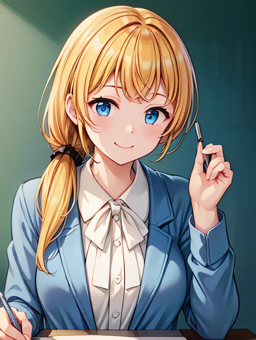 high resolution、High definition、high quality、Masterpiece、1 female、Ellen Baker、School teacher、Blonde、Blue Eyes、Light blue suit、School classroom、Cute pose、blackboard、smile、((Depiction of only the upper body))、((Woman close up))