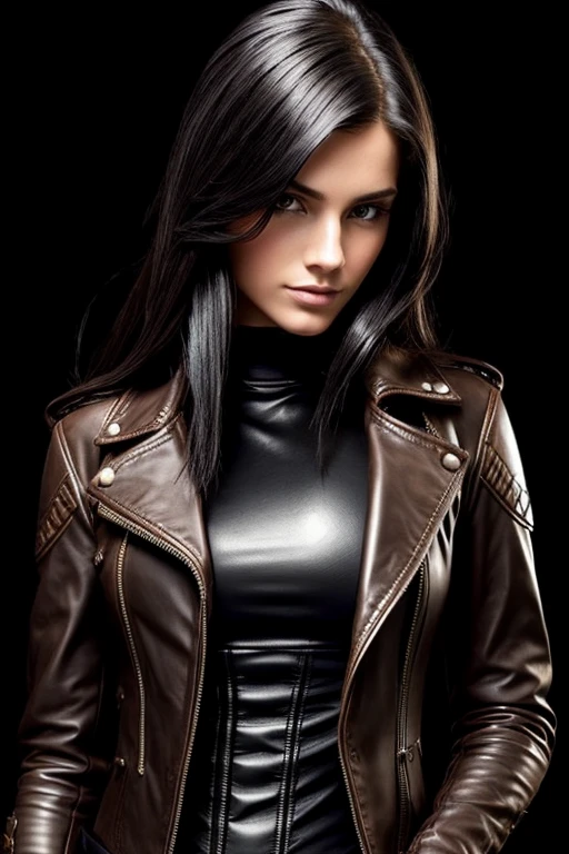 Gorgeous european steampunk woman with straight shoulder length hair, wet hair, hair combed back, slick hair, black hair, in a leather jacket with nothing underneath, solid black background