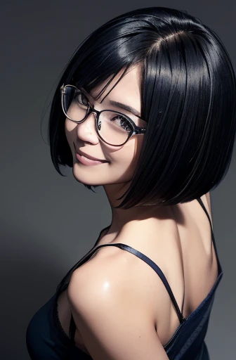 (masterpiece), (8k, best quality, high resolution), (ultra-detailed, realistic), (anatomically correct),  
((from above)), ((looking up)), 
((face close-up)), (Standing), (((looking back))), (No background),
(1woman),  ((looking at viewer)), (show your back), 
(A Japanese woman, 30 years old and 155cm tall.), 
((Wear a navy blue tunic camisole)), ((A camisole without decoration.)),  
(black hair), (straight hair), (short hair style), ((bob cut)), 
(wear glasses), (black square cell glasses), 
((smile broadly)), 
(Her impression is pure, clean and kind.),
