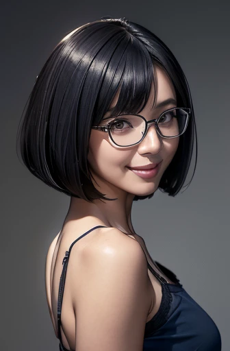 (masterpiece), (8k, best quality, high resolution), (ultra-detailed, realistic), (anatomically correct),
((from above)), ((looking up)),
((face close-up)), (Standing), (((looking back))), (No background),
(1woman), ((looking at viewer)), (show your back),
(A Japanese woman, 30 years old and 155cm tall.),
((Wear a navy blue tunic camisole)), ((A camisole without decoration.)),
(black hair), (straight hair), (short hair style), ((bob cut)),
(wear glasses), (black square cell glasses),
((smile broadly)),
(Her impression is pure, clean and kind.),