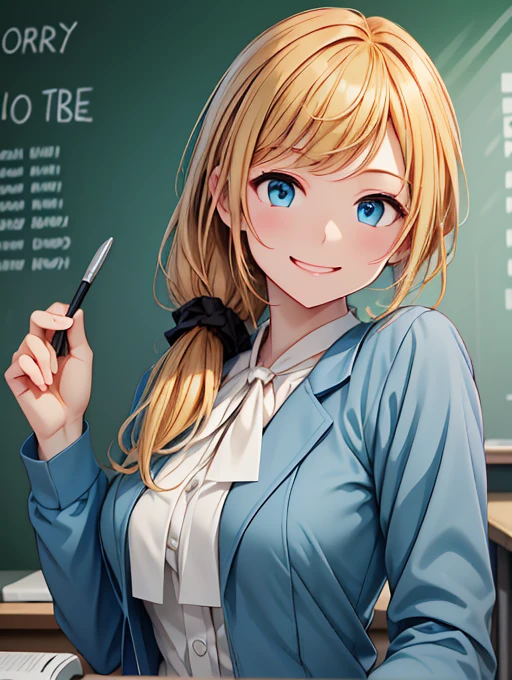 high resolution、High definition、high quality、Masterpiece、1 female、Ellen Baker、School teacher、Blonde、Blue Eyes、Light blue suit、School classroom、Cute pose、blackboard、smile、((Depiction of only the upper body))、((Woman close up))