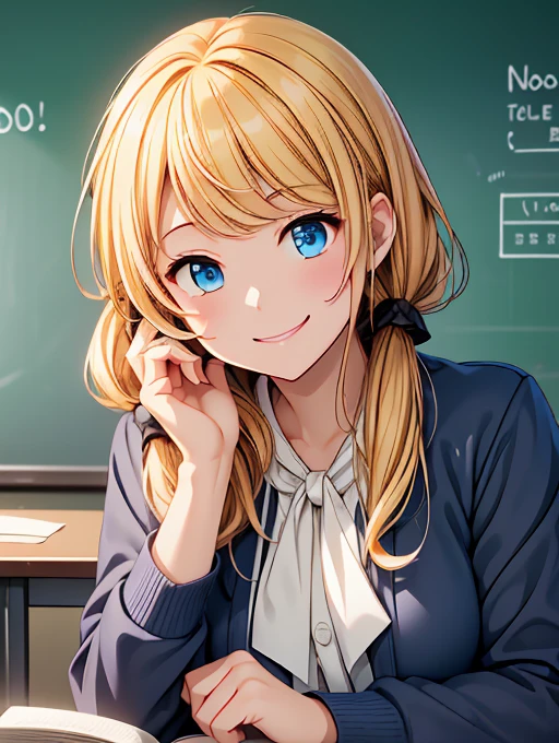 high resolution、High definition、high quality、Masterpiece、1 female、Ellen Baker、School teacher、Blonde、Blue Eyes、Light blue suit、School classroom、Cute pose、blackboard、smile、((Depiction of only the upper body))、((Woman close up))