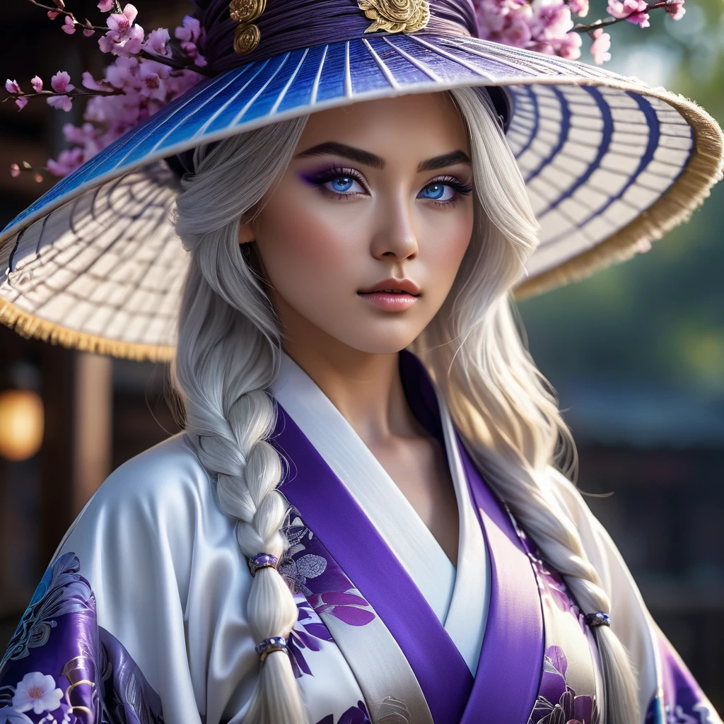 cinematic photo Uhd, masterpiece, intricate details photorealistic potrait, A beautiful Murim warrior, 24 years old, stands out in a large hat with a very long translucent veil attached to outer edge of hat covering the face and body, a kimono(white, purple,blue, colour scheme), white hair, and blue eyes. She is skilled in poison martial arts. Imagine a hyper realistic portrait capturing her beauty and strength. Every detail is meticulously rendered, from the intricate patterns on her kimono to the intensity in her eyes. The image exudes a sense of both innocence and power, drawing viewers in with its lifelike quality and captivating presence.photorealistic, unreal engine, film, bokeh, professional, 32k, highly detailed
