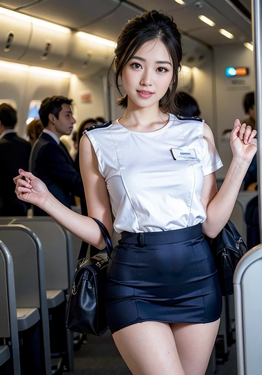 (8K, best quality, masterpiece:1.2), (realistic, photo-realistic:1.37), (high color saturation:1.0), (highly detailed skin), (highest quality:1.0), (ultra high resolution:1.0) ,(realistic:1.0), (Super detailed:1.0), (8K, Raw photo:1.1)、standing random pose, smiling, natural breast, perfect lighting, 3girls, 24years old, (mysterious), clear and detailed, ((ANA_Cabin Crew, blue flight attendant_uniform)), black pantyhose, (aircraft, aircraft seats), cute face, mini skirt, no_panties, nsfw, ((skirt lift)),