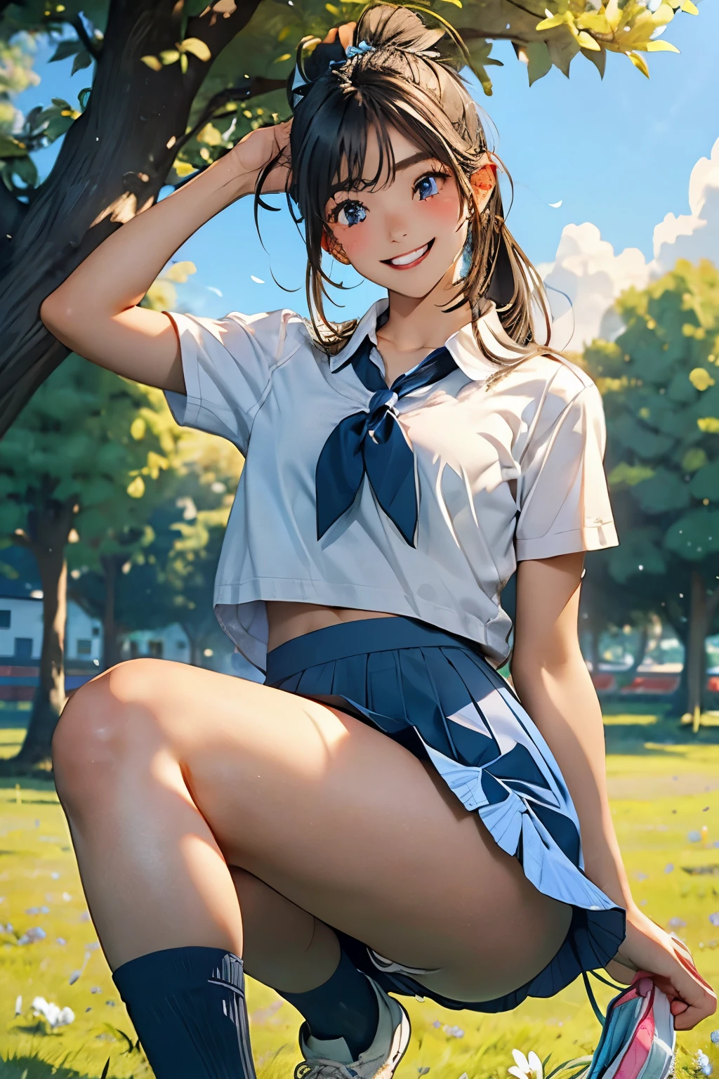 a girl with hair in a ponytail jumping up and down in a field, 1girl, outdoors, underwear, panties, solo, skirt, smile, white panties, twintails, black hair, socks, day, sky, tree, shoes, flower, grin, blush, cloud, blue eyes, looking at viewer, blue sky, pantyshot, blue skirt, hair ornament,Girl skinny