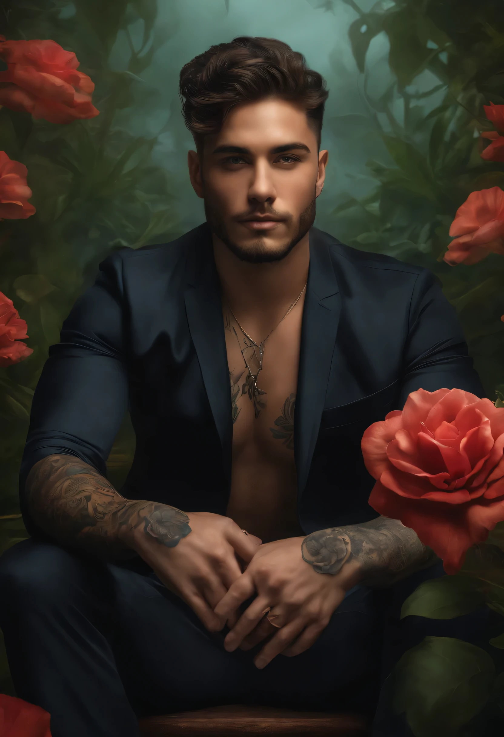 there is a man with tattoos on his body and a flower in his hand, album art, arte de realismo, sentado em seu trono debaixo d&#39;Water, capa de arte, arte de realismo style, album, arte realista, arte oficialwork, arte de realismostyle, music album art, por Adam Dario Keel, arte realistawork, album capa de arte, arte oficial, peep, inspired por Adam Dario Keel