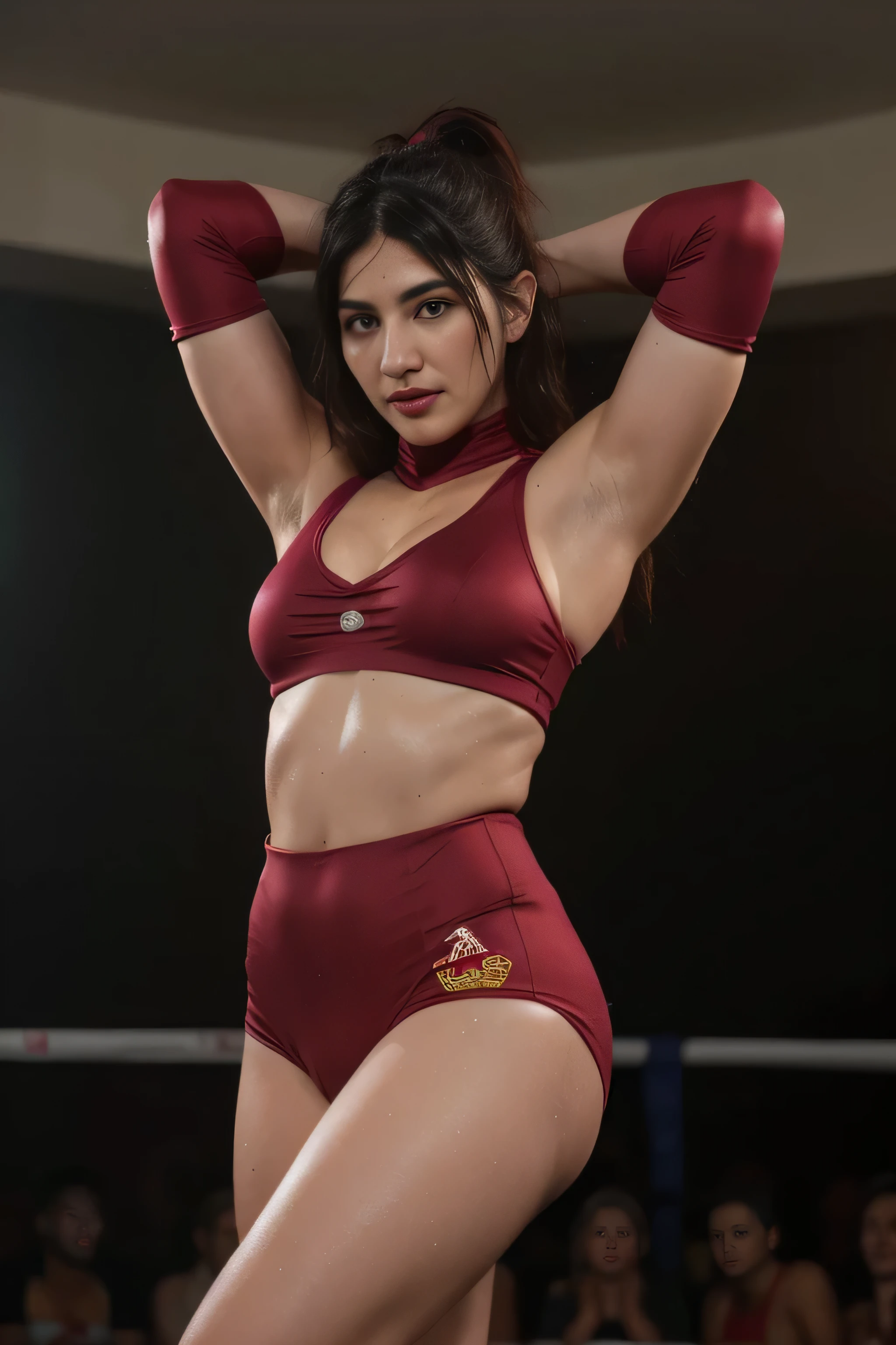 Looks like Shruti Haasan,slightly chubby,wearing reddish boxing gloves,black boxing gloves,boxing ring,sweaty,tired,exhausted,arms raised,both arms up,boxing gloves on both hands, intricate details,dark plum coloured outfit,(ArtStation:1.2),armpits,sweat,sweaty,sweaty armpits,arms up,showing armpits,awesome armpits,eyeroll,red outfit,blackish red arm warmers,maroon arm bands,matoon arm warmers