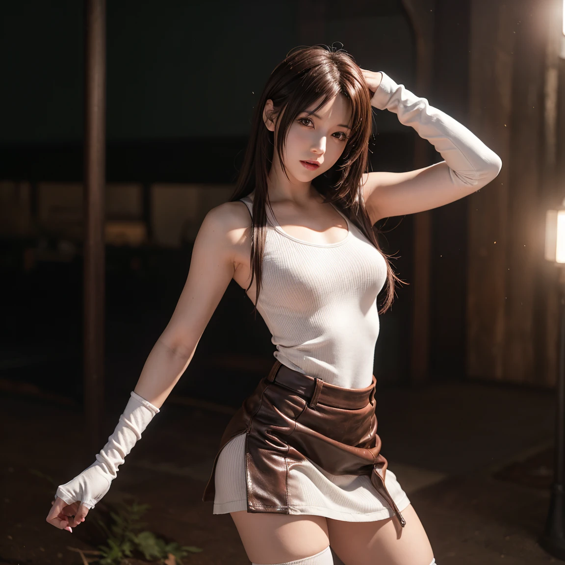 (naked), Only the taste is exposed, Tifa Lockhart, wallpaper, landscape, Depth of written boundary, night, Particles of light, light, Side lighting, Thighs, skirt, Red eyes, Brown Hair, Thigh-high socks, Arm Sleeves