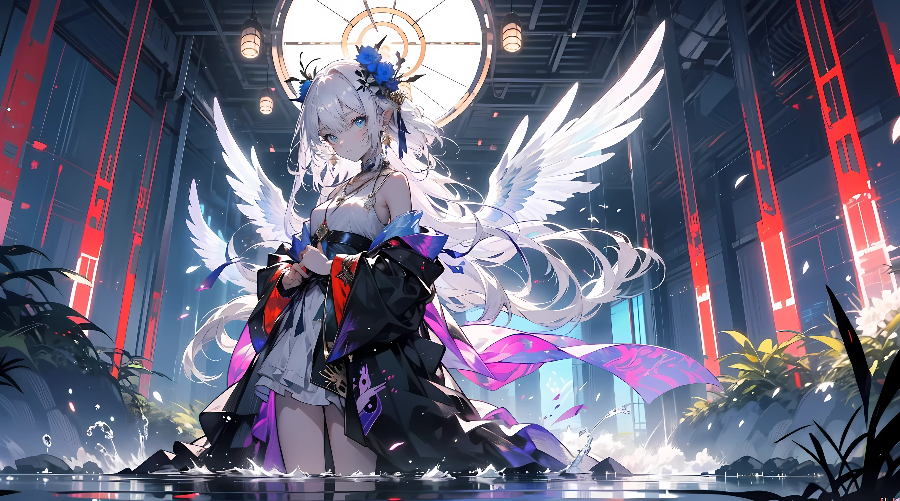 （（（tmasterpiece）））， （（（best qualtiy））））， offcial art， the Extremely Detailed CG Unity 8K Wallpapers， （（sketching）））， the night， Sateen， Beautiful detailed sky， beautiful detailed  water， GameCG， hugefilesize， sketching， solo， Girl，angelicales， long whitr hair， whaite hair， Wet hair， hair between eye， Hair behind the ears， white colored eyelasheeatiful detailed eyepressionless eyes， yellow eyes， half closed eyes， shoe， The halo， Cross necklace， looking-down，blown hair， Feather ornament， leaf hair ornament， ln the forest， by lake， （（flatchest）））， （（（Black robe）））， longer sleeveandagens， white blindfold， elvish ears， （（（Golden wingenghuang，Phoenix wings，holy rays