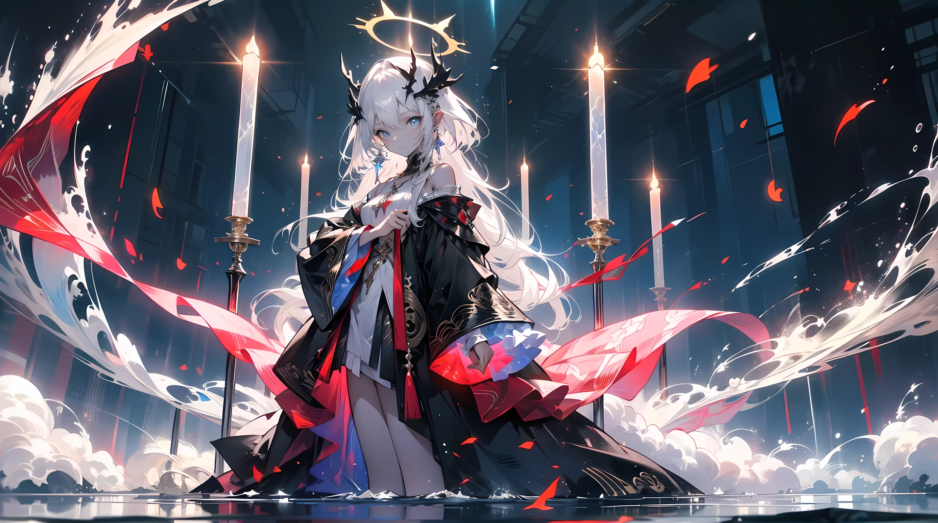 （（（tmasterpiece）））， （（（best qualtiy））））， offcial art， the Extremely Detailed CG Unity 8K Wallpapers， （（sketching）））， the night， Sateen， Beautiful detailed sky， beautiful detailed  water， GameCG， hugefilesize， sketching， solo， Girl，angelicales， long whitr hair， whaite hair， Wet hair， hair between eye， Hair behind the ears， white colored eyelasheeatiful detailed eyepressionless eyes， yellow eyes， half closed eyes， shoe， The halo， Cross necklace， looking-down，blown hair， Feather ornament， leaf hair ornament， ln the forest， by lake， （（flatchest）））， （（（Black robe）））， longer sleeveandagens， white blindfold， elvish ears， （（（Golden wingenghuang，Phoenix wings，holy rays