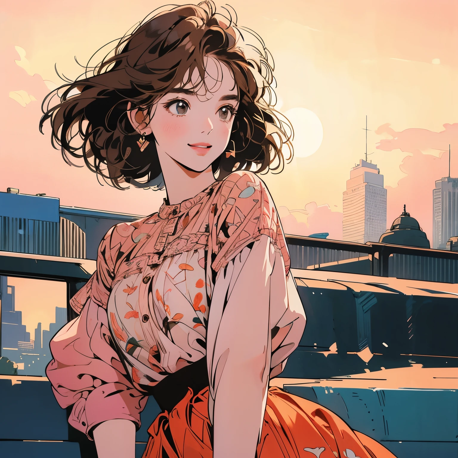 whole body、Kind Face、1 pretty woman、4k、Pattern、blouse、skirt、Rooftop、skyscraper、Large space、Sunset、Complex background、Detailed Hair、smile、Light brown hair、Faint lighting、There is movement、Short Hair