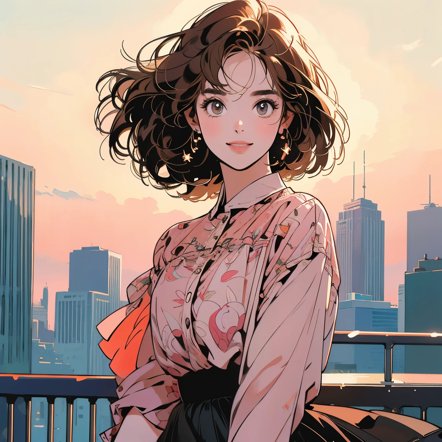 whole body、Kind Face、1 pretty woman、4k、Pattern、blouse、skirt、Rooftop、skyscraper、Large space、Sunset、Complex background、Detailed Hair、smile、Light brown hair、Faint lighting、There is movement、Short Hair