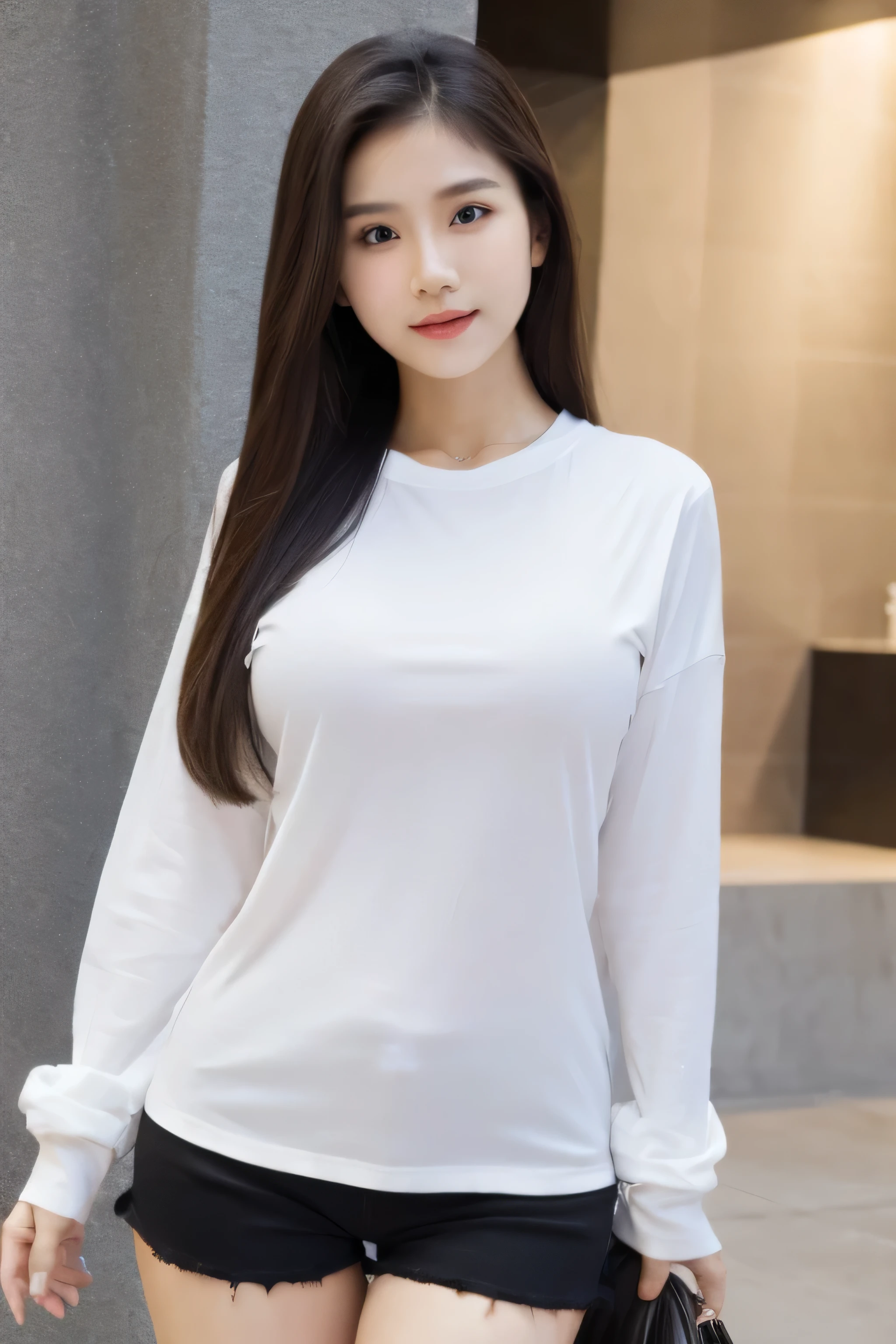 Beautiful Thai girl, beautiful, cute, smooth white skin, large breasts, white long-sleeved shirt. black shorts