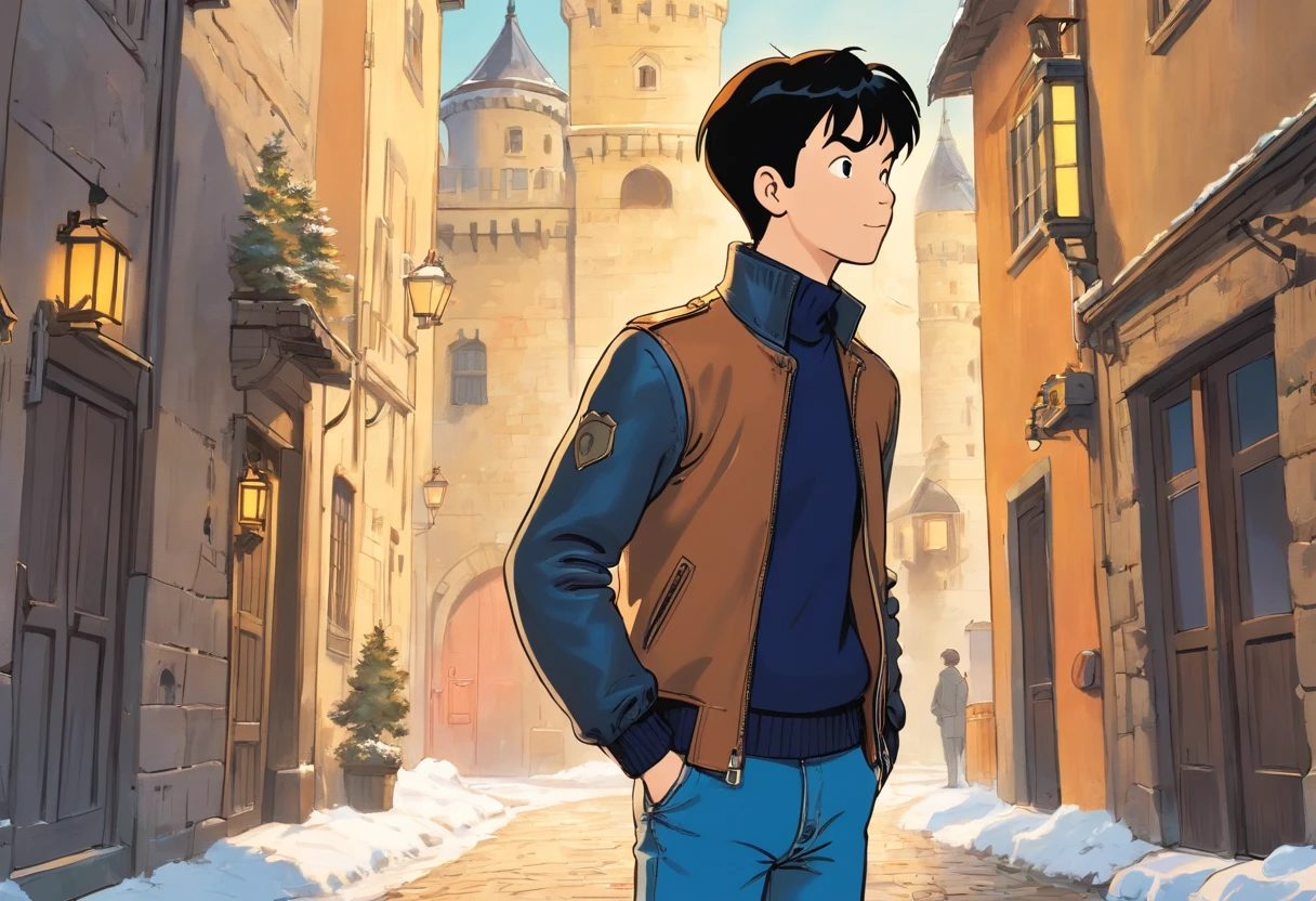 Tintin, male wearing brown leather jacket, black turtleneck long Sleeves shirt and navy blue denim jeans, slick and neat short black hair, exploring european small castle in winter, european comics