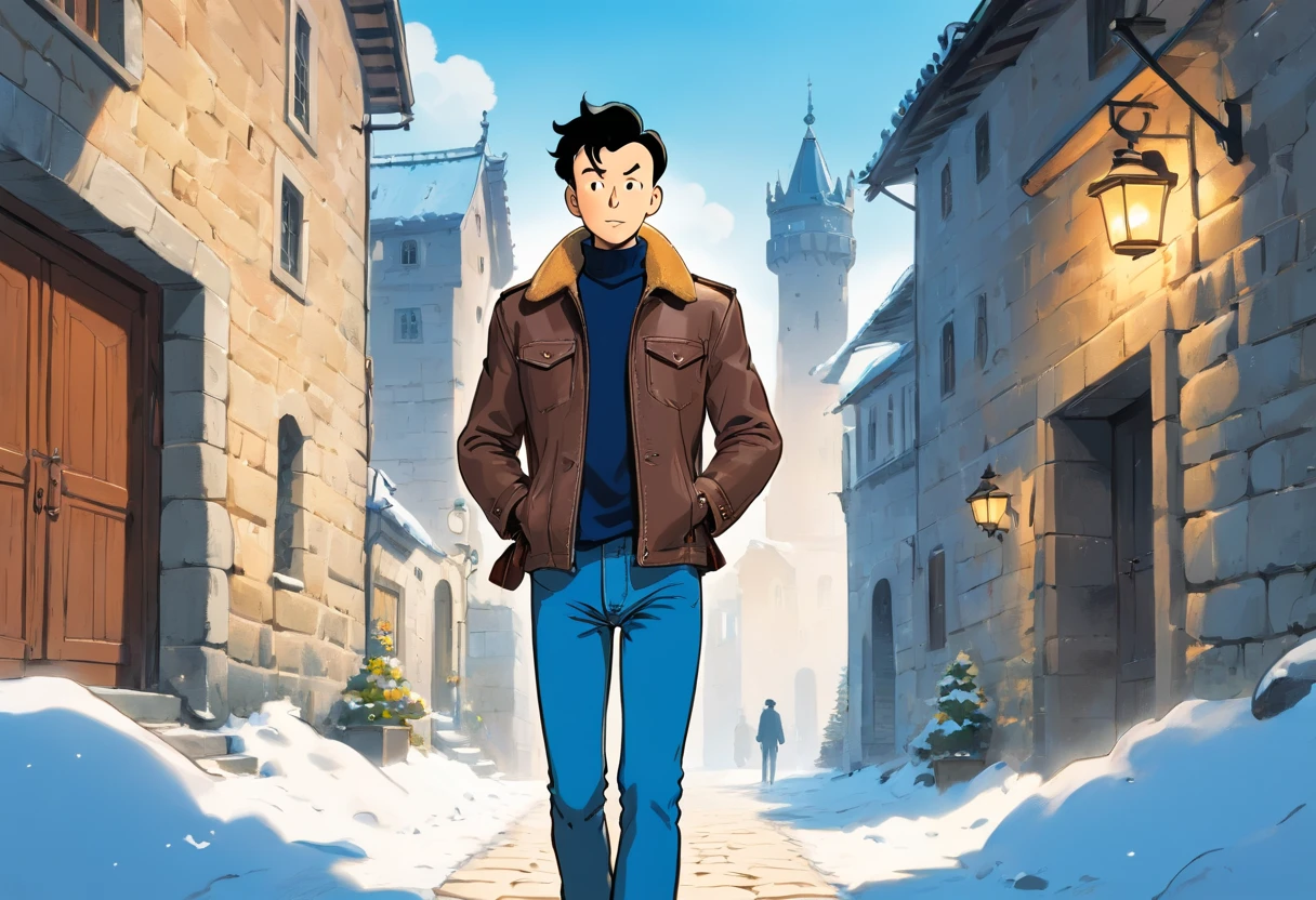 Tintin, male wearing brown leather jacket, black turtleneck long Sleeves shirt and navy blue denim jeans, slick and neat short black hair, exploring european small castle in winter, european comics