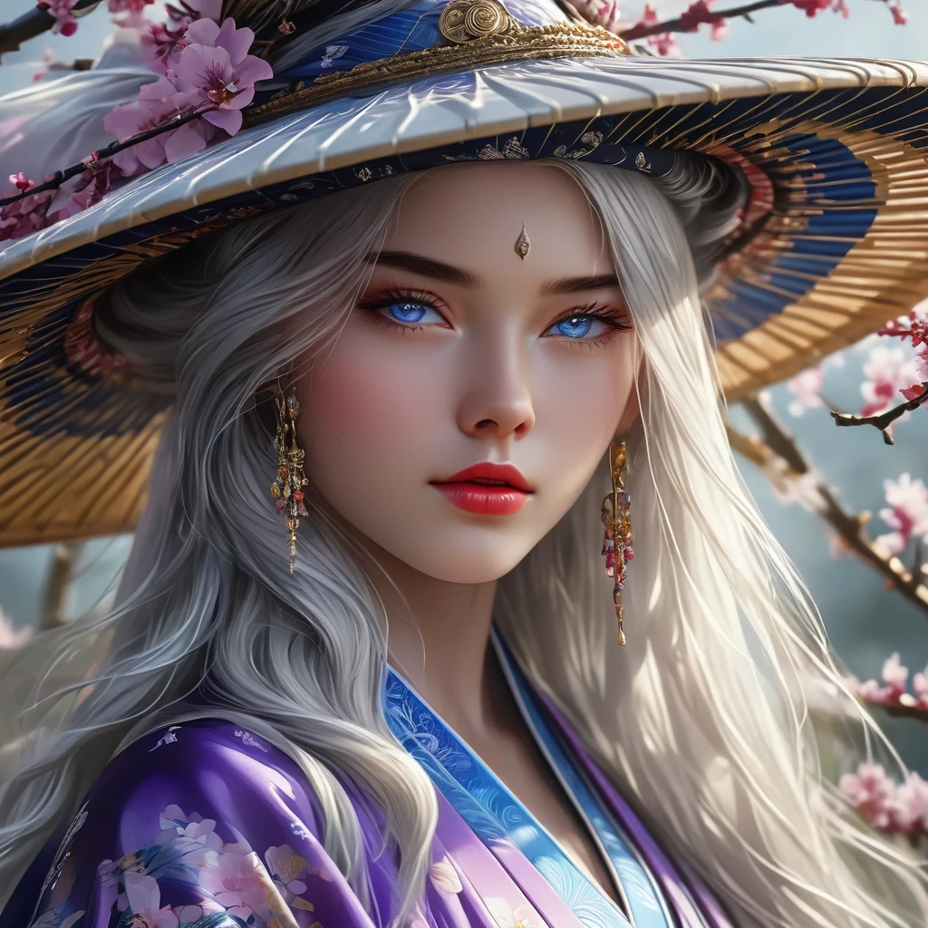 cinematic photo Uhd, masterpiece, intricate details photorealistic potrait, A beautiful Murim warrior, 24 years old, stands out in a large hat with a very long translucent veil attached to outer edge of hat covering the face and body, a kimono(white, purple,blue, colour scheme), white hair, and blue eyes. She is skilled in poison martial arts. Imagine a hyper realistic portrait capturing her beauty and strength. Every detail is meticulously rendered, from the intricate patterns on her kimono to the intensity in her eyes. The image exudes a sense of both innocence and power, drawing viewers in with its lifelike quality and captivating presence.photorealistic, unreal engine, film, bokeh, professional, 32k, highly detailed