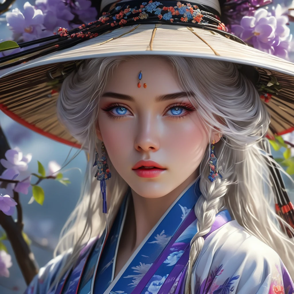 cinematic photo Uhd, masterpiece, intricate details photorealistic potrait, A beautiful Murim warrior, 24 years old, stands out in a large hat with a very long translucent veil attached to outer edge of hat covering the face and body, a kimono(white, purple,blue, colour scheme), white hair, and blue eyes. She is skilled in poison martial arts. Imagine a hyper realistic portrait capturing her beauty and strength. Every detail is meticulously rendered, from the intricate patterns on her kimono to the intensity in her eyes. The image exudes a sense of both innocence and power, drawing viewers in with its lifelike quality and captivating presence.photorealistic, unreal engine, film, bokeh, professional, 32k, highly detailed