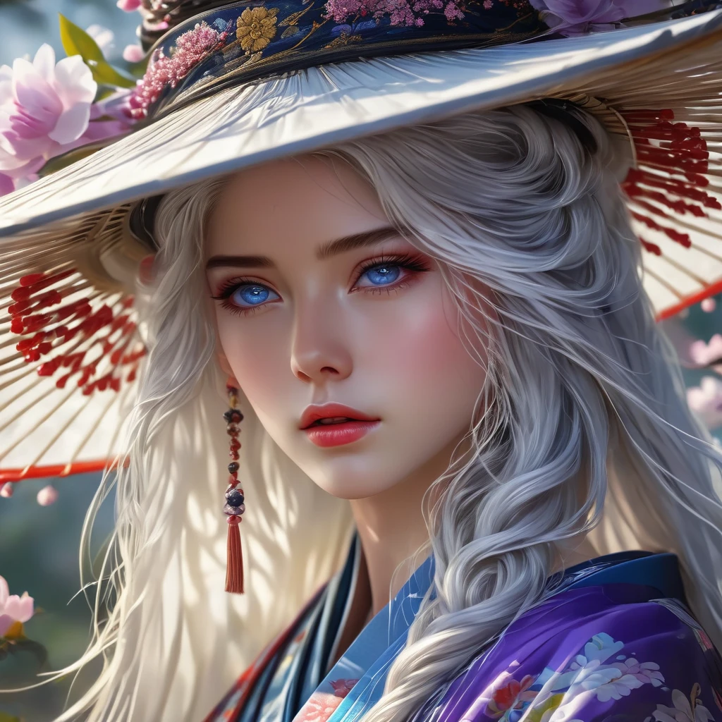 cinematic photo Uhd, masterpiece, intricate details photorealistic potrait, A beautiful Murim warrior, 24 years old, stands out in a large hat with a very long translucent veil attached to outer edge of hat covering the face and body, a kimono(white, purple,blue, colour scheme), white hair, and blue eyes. She is skilled in poison martial arts. Imagine a hyper realistic portrait capturing her beauty and strength. Every detail is meticulously rendered, from the intricate patterns on her kimono to the intensity in her eyes. The image exudes a sense of both innocence and power, drawing viewers in with its lifelike quality and captivating presence.photorealistic, unreal engine, film, bokeh, professional, 32k, highly detailed