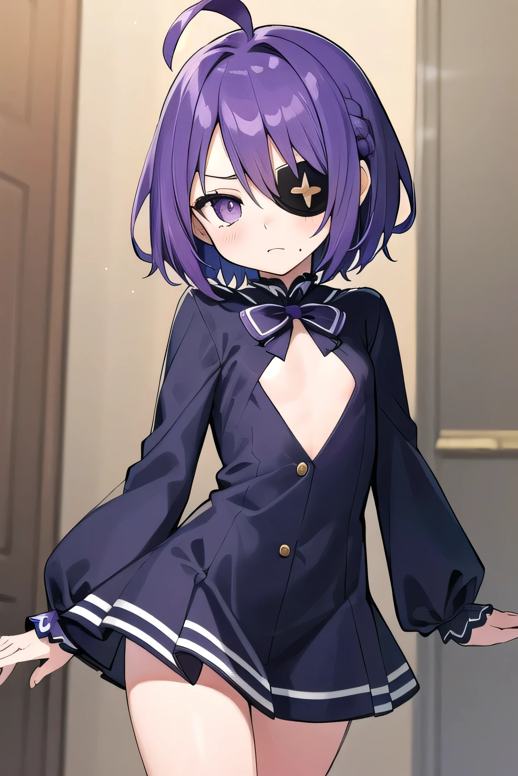 (Purple hair:1.4), gray eyes, white , navy blue miniskirt, , short, short long hair, kind expression, shy,  almost no breasts, slightly exposed. hair,(flipped hair ), flipped hair, long sleeves, ahoge, girl alone, flipped hair, flipped hair, flipped hair, flipped hair, flat chest，，(eyepatch:1.1)，Gothic Lolita