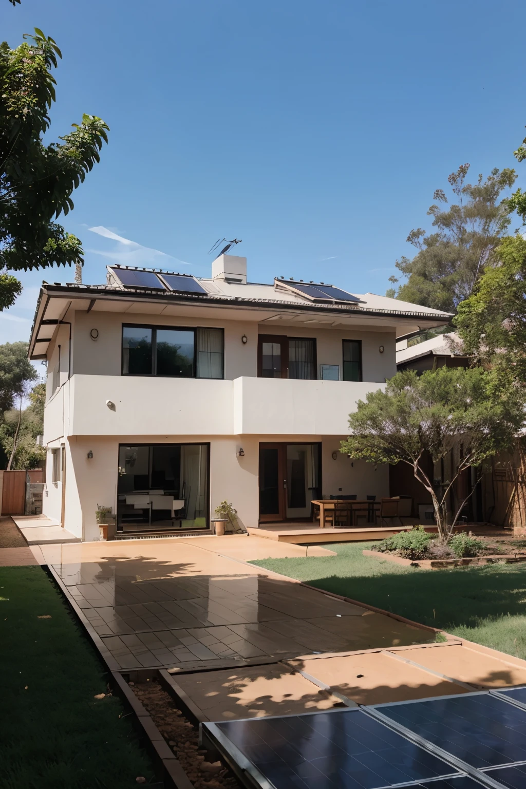 House with trees and solar panel and solar heater