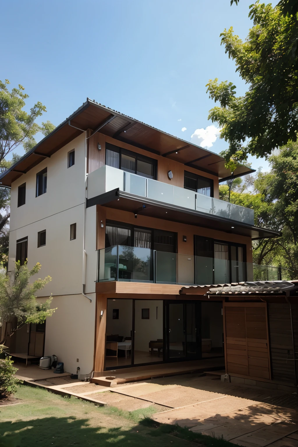 House with trees and solar panel and solar heater